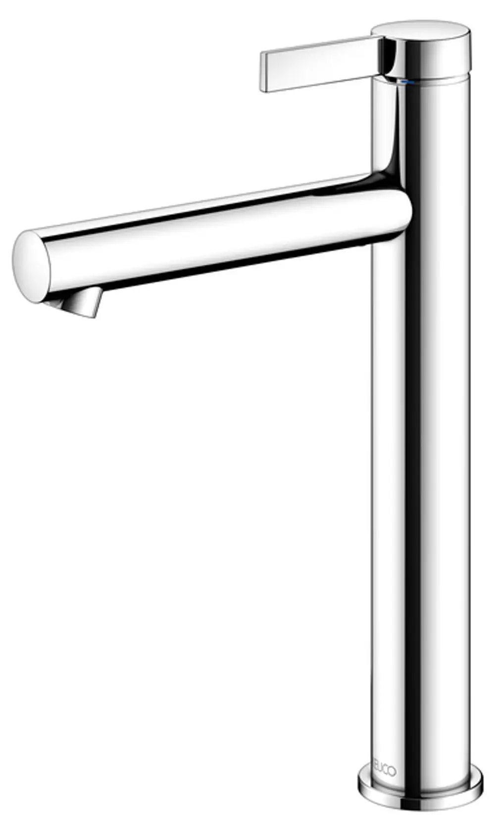 Hochwertiger Küchenmischer von Keuco mit schmalem, zylindrischem Design und einem seitlichen Hebel zur Wasserregulierung, in verchromter Ausführung.